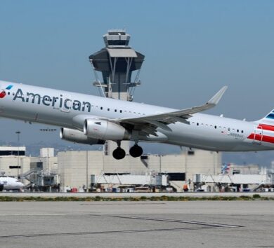 FILE PHOTO: An American Airlines Airbus A321 plane takes off from Los Angeles International airport