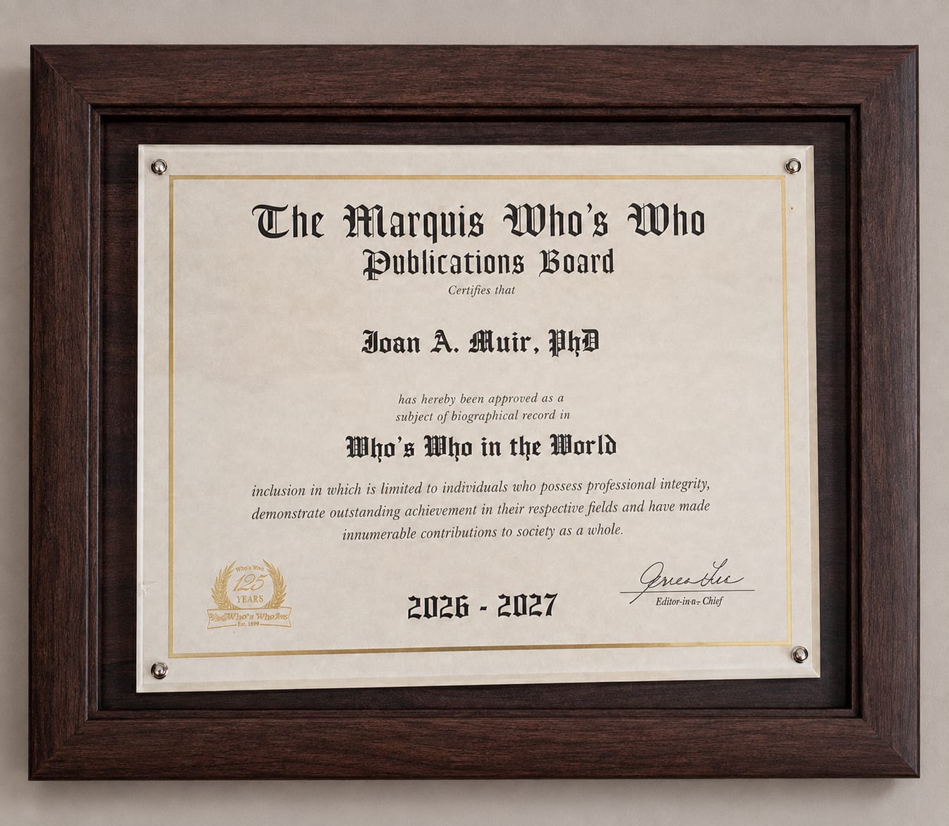 Certificate for Joan Muir