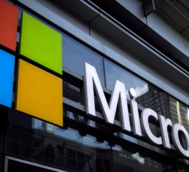 FILE PHOTO: Microsoft logo on an office building in New York, U.S.