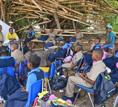 Holland Primary School as students are forced to learn under bamboo trees