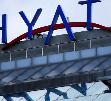 Company’s logo is seen on Ararat Park Hyatt Moscow hotel in central Moscow
