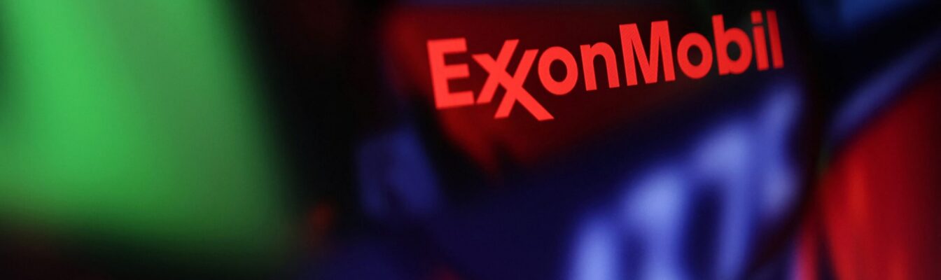 Illustration shows Exxon Mobil logo and stock graph