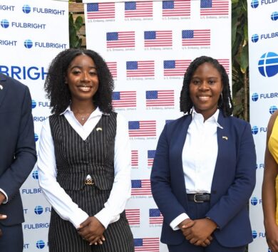 U.S. Embassy Jamaica’s 2026 Fulbright Awardees (l-r) Abishua Johnson, Davia Findlotor, Joelle Hanson and Jervian Johnson