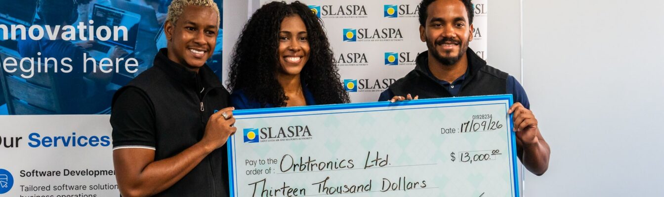 Photo 2 - Orbtronics receiving check from Silver Sponsor, Saint Lucia Air and Seaport Authority (SLASPA)