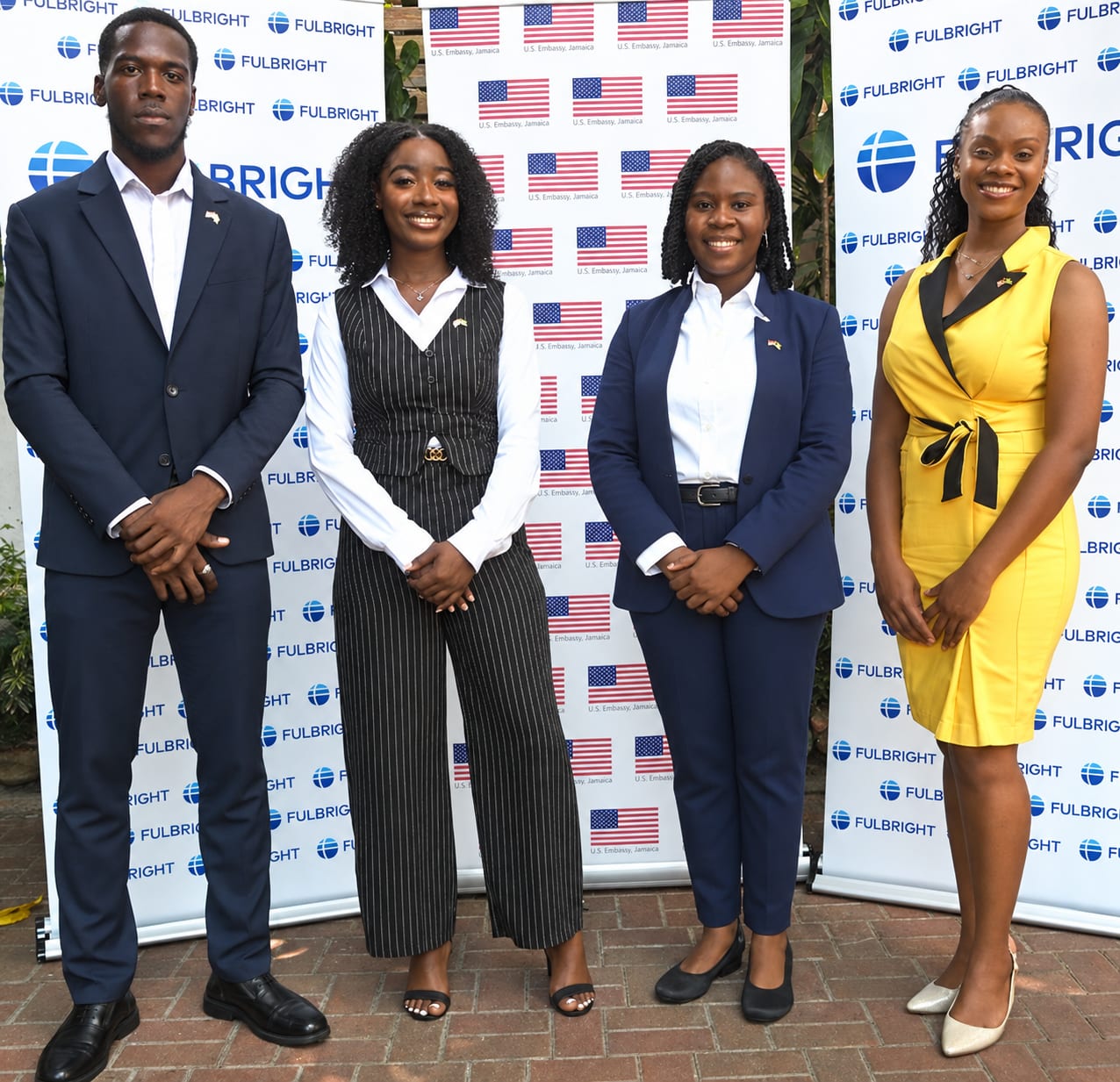 U.S. Embassy Jamaica’s 2026 Fulbright Awardees (l-r) Abishua Johnson, Davia Findlotor, Joelle Hanson and Jervian Johnson