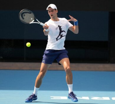 Novak Djokovic practices at Melbourne Park in Melbourne
