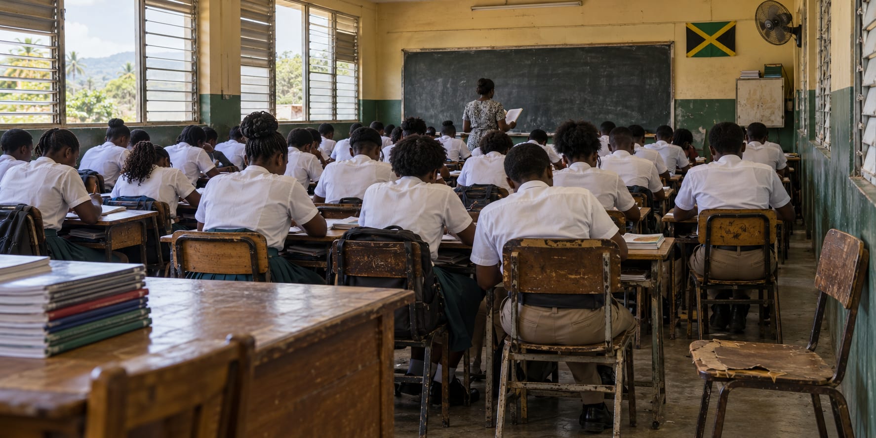 Crowded Jamaican Classroom with Worn Desks