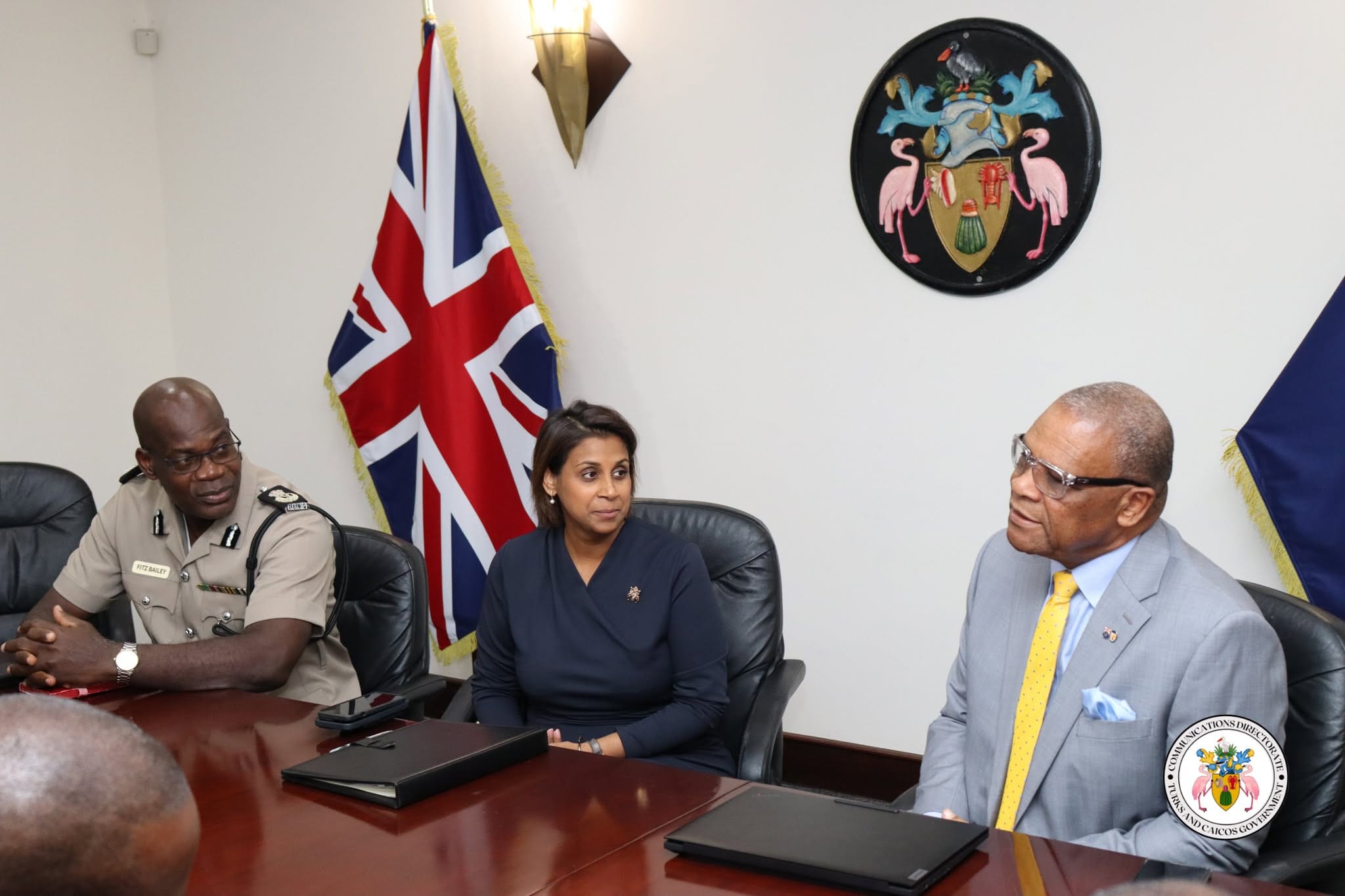 TCI Governor, (middle) Premier (right) and Police Commissioner, Fitz Bailey (left)