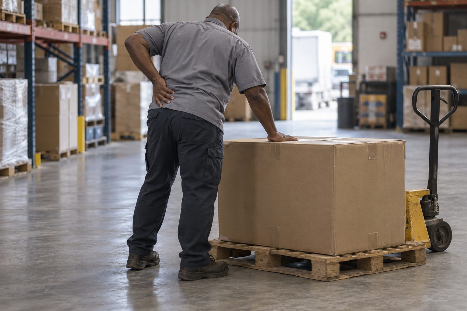 Warehouse worker pauses with back strain